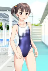 Rule 34 | 1girl, absurdres, black hair, black one-piece swimsuit, brown eyes, collarbone, commentary request, competition swimsuit, contrapposto, covered navel, highleg, highleg swimsuit, highres, indoors, one-piece swimsuit, open mouth, original, poolside, round teeth, school swimsuit, screentones, short hair, side ponytail, solo, stairs, standing, swimsuit, takafumi, teeth, two-tone swimsuit, upper teeth only, variant set