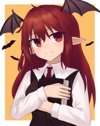 Rule 34 | 1girl, bat (animal), book, breasts, head wings, holding, holding book, koakuma, light smile, long hair, medium breasts, necktie, orange background, pointy ears, red eyes, red hair, red necktie, simple background, solo, strangenovel, touhou, very long hair, wings