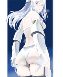 Rule 34 | 1girl, ass, ass grab, bare shoulders, bikini, elbow gloves, expressionless, fate/grand order, fate (series), galatea (fate), gloves, grabbing own ass, highres, joints, long hair, looking at viewer, looking back, no (user kjjv2825), pale skin, parted bangs, robot joints, simple background, solo, swimsuit, tiara, white bikini, white gloves, white hair