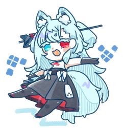 Rule 34 | 1girl, a.i. voice, animal ears, arrow (projectile), arrow hair ornament, asymmetrical bangs, black gloves, black pantyhose, black skirt, blue eyes, blue hair, chibi, colored eyelashes, commentary request, elbow gloves, fox ears, fox tail, fu-ren, gloves, hair behind ear, hamaya, heterochromia, highres, long hair, looking at viewer, no sclera, outstretched arms, pantyhose, pleated skirt, red eyes, sandals, shirt, short eyebrows, simple background, single sidelock, skirt, sleeveless, sleeveless shirt, solo, spread arms, tail, tange kotoe (a.i. voice), two side up, v-shaped eyebrows, very long hair, white background, white shirt, zouri