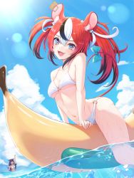 Rule 34 | 2girls, :d, animal ear fluff, animal ears, arched back, asymmetrical hair, banana boat, bikini, black hair, blue eyes, blue sky, bow, breasts, cloud, collarbone, day, dice, dice hair ornament, fang, hair between eyes, hair ornament, hakos baelz, head tilt, highres, hololive, hololive english, irys (hololive), izu (tea value lord), lens flare, medium breasts, mouse ears, mouse girl, mouse tail, mousetrap, multicolored hair, multiple girls, navel, open mouth, outdoors, red hair, red tail, riding, sky, smile, solo focus, stomach, straddling, streaked hair, swimsuit, tail, tail bow, tail ornament, twintails, underboob, virtual youtuber, water, wet, white bikini, white hair