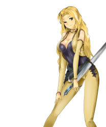 Rule 34 | 1990s (style), 1girl, azuuri, bad id, bad pixiv id, blonde hair, breasts, celes chere, cleavage, collar, detached sleeves, elbow gloves, final fantasy, final fantasy vi, gloves, highres, large breasts, legs, long hair, neoexdeath (pixiv), one eye closed, solo, sword, thighs, vest, weapon, wink, yellow eyes