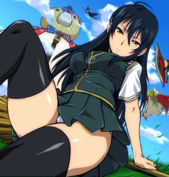 Rule 34 | 10s, 2girls, ahoge, black hair, blue sky, breasts, broom, broom riding, cloud, day, grass, hat, kagari ayaka, kamisimo 90, large breasts, leaning back, md5 mismatch, multiple girls, outdoors, panties, pantyshot, resolution mismatch, school uniform, short sleeves, sitting, skirt, sky, source smaller, stuffed animal, stuffed toy, teddy bear, thighhighs, thighs, underwear, upskirt, vest, witch craft works, witch hat, yellow eyes