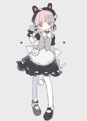 Rule 34 | 1girl, ahoge, animal hat, anklet, arm behind back, black bracelet, black collar, black footwear, black hat, blush, blush stickers, bracelet, charm (object), collar, dress, frills, gloves, grey background, hair ornament, hairclip, hat, hat ornament, highres, hl nmi, holding, holding wand, jewelry, magical girl, medium hair, open mouth, original, pink hair, rabbit hat, red eyes, simple background, solo, spiked anklet, spiked bracelet, spiked collar, spikes, stuffed animal, stuffed rabbit, stuffed toy, tearing up, thighhighs, v, wand, white gloves