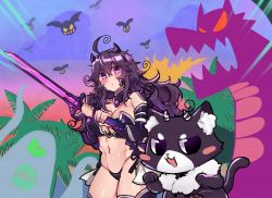 Rule 34 | ahoge, armor, bad id, bad twitter id, bat (animal), bikini armor, blush, breasts, cat, closed mouth, commentary request, dragon, holding, holding sword, holding weapon, huge breasts, long hair, looking at viewer, messy hair, navel, nyarla (osiimi), original, osiimi, palm tree, purple eyes, purple hair, standing, sword, tree, two-handed, weapon