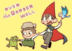 Rule 34 | 1girl, 2boys, :d, animal, beatrice (over the garden wall), bird, black eyes, blush, blush stickers, brothers, cape, copyright name, frog, gregory (over the garden wall), happy, hat, long sleeves, looking at another, multiple boys, open mouth, over the garden wall, overalls, pants, short hair, siblings, simple background, smile, teapot, tsunoji, wirt (over the garden wall), yellow background