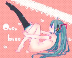 Rule 34 | 1girl, adjusting clothes, adjusting legwear, barefoot, green hair, hatsune miku, hekopon, leg up, legs, long hair, nude, open mouth, outstretched leg, single thighhigh, solo, thighhighs, thighhighs pull, thighs, twintails, very long hair, vocaloid