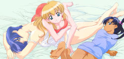 Rule 34 | 3girls, ai yori aoshi, aqua eyes, ass, ass grab, bare shoulders, barefoot, bed, bed sheet, blonde hair, blue eyes, blue hair, blue shirt, breasts, camisole, cleavage, crossed legs, dark-skinned female, dark skin, expressionless, feet, female focus, fumizuki kou, hair between eyes, hair bobbles, hair ornament, highres, kneepits, large breasts, legs, legs up, lingerie, long hair, long image, looking at viewer, looking back, lying, medium breasts, megami magazine, minazuki chika, multiple girls, no bra, no panties, non-web source, off shoulder, official art, on back, on bed, on stomach, panties, parted lips, red shirt, sakuraba aoi, scan, shiny skin, shirt, short hair, sideboob, sitting, smile, soles, strap slip, taut clothes, taut shirt, thighs, tina foster, toes, twintails, underwear, white panties, wide image