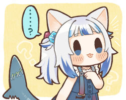 Rule 34 | ..., 1girl, :p, ?, animal ears, bare arms, black outline, blue eyes, blue hair, blunt bangs, blush stickers, cat ears, chibi, commentary request, cube hair ornament, dated commentary, fins, fish tail, gawr gura, gawr gura (casual), hair ornament, hololive, hololive english, multicolored hair, official alternate costume, outline, same anko, shark tail, side ponytail, simple background, solo, speech bubble, spoken ellipsis, spoken question mark, tail, tongue, tongue out, two-tone hair, virtual youtuber, white hair, yellow background