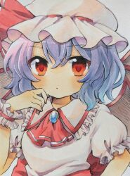 Rule 34 | 1girl, ascot, bat wings, blue hair, enruchan, frilled sleeves, frills, hat, hat ribbon, mob cap, pink hat, pink shirt, puffy short sleeves, puffy sleeves, red eyes, remilia scarlet, ribbon, shirt, short hair, short sleeves, simple background, solo, touhou, traditional media, upper body, white background, wings, wrist cuffs