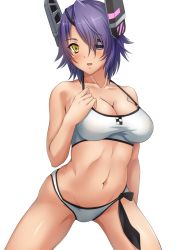 Rule 34 | 10s, 1girl, bare shoulders, bikini, blush, breasts, cleavage, collarbone, cowboy shot, eyepatch, female focus, hand on own chest, headgear, highres, kantai collection, large breasts, looking at viewer, navel, purple hair, sakiyamama, short hair, simple background, solo, swimsuit, tenryuu (kancolle), white background, white bikini, yellow eyes
