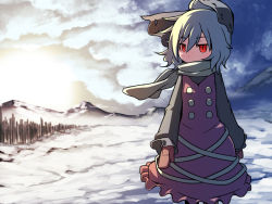 Rule 34 | 1girl, adapted costume, bad id, bad pixiv id, blonde hair, bow, brown dress, cloud, cloudy sky, dress, forest, hair bow, hakika, kurodani yamame, long sleeves, mittens, mountain, nature, red eyes, scarf, scarf over mouth, shirt, sky, slit pupils, snow, solo, touhou, winter