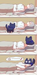 Rule 34 | absurdres, animal, animal on head, animalization, bed, blanket, blue cat, blue scarf, bronya rand, cat, cat on head, chinese text, closed eyes, commentary, critter pick (honkai: star rail), english text, grey hair, heart, highres, honkai: star rail, honkai (series), lying, on back, on head, pillow, scarf, seele (honkai: star rail), sleeping, smelling, speech bubble, sunny day 9797, surprised, symbol-only commentary, translated
