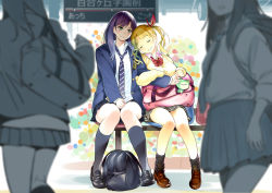 Rule 34 | &gt;:(, 4girls, bag, bench, black hair, blazer, blonde hair, blue eyes, blurry, blush, bow, bowtie, cardigan, depth of field, drooling, embarrassed, closed eyes, frown, hair bow, hair ribbon, head on another&#039;s shoulder, holding another&#039;s arm, holding hands, holding own arm, jacket, kneehighs, leaning on person, loafers, loose necktie, multiple girls, necktie, open clothes, open jacket, original, ribbon, school bag, school uniform, shoes, skirt, sleeping, socks, sweater, train station, twinpoo, twintails, v-shaped eyebrows, yuri