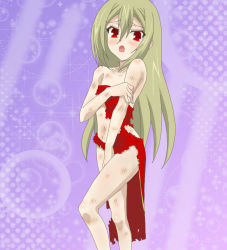 Rule 34 | 1boy, afuro terumi, bare shoulders, blonde hair, blush, china dress, chinese clothes, covering privates, crossdressing, dress, inazuma eleven, inazuma eleven (series), long hair, male focus, navel, open mouth, parody, red eyes, running, solo, style parody, surprised, torn clothes, trap