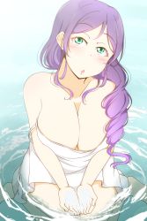 Rule 34 | 1girl, :o, bare legs, bare shoulders, barefoot, blush, breasts, cleavage, collarbone, feet, feitonokesin, female focus, green eyes, hair over shoulder, half-closed eyes, highres, large breasts, long hair, looking at viewer, love live!, love live! school idol project, low-tied long hair, ocean, parted lips, partially submerged, purple hair, robe, smile, solo, tojo nozomi, water, white robe