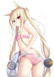 Rule 34 | 1girl, animal ears, ass, bikini, bikini top only, blonde hair, blue eyes, blush, bra strap, breasts, character name, closed mouth, commentary request, fox ears, frilled bikini, frilled bikini top, frills, g41 (girls&#039; frontline), girls&#039; frontline, hair between eyes, heterochromia, highres, holding, holding swim ring, innertube, long hair, looking at viewer, personification, pink bikini, red eyes, see-through, simple background, small breasts, solo, swim ring, swimsuit, very long hair, white background, xiaobai (cheng pan)