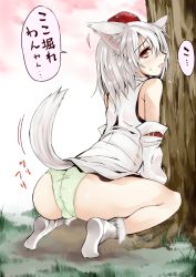 Rule 34 | 1girl, animal ears, ass, atoshi, bad id, bad pixiv id, detached sleeves, fat mons, female focus, hat, have to pee, inubashiri momiji, panties, short hair, silver hair, solo, tail, tokin hat, touhou, translated, underwear, wolf ears, wolf tail