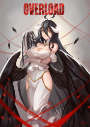 Rule 34 | 1girl, absurdres, albedo (overlord), bare shoulders, black hair, black wings, breast hold, breasts, cleavage, demon girl, demon horns, dress, elbow gloves, gloves, hair between eyes, half gloves, highres, hip vent, horns, large breasts, long hair, low wings, overlord (maruyama), solo, sunset xi, thighhighs, thighs, white dress, wings, yellow eyes