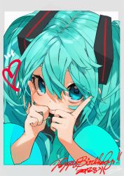 Rule 34 | 1girl, aqua hair, aqua nails, aqua necktie, bare shoulders, blue eyes, blush, border, close-up, commentary request, dated, detached sleeves, eyes visible through hair, gotou (nekocat), grey border, grey vest, hair between eyes, hands up, happy birthday, hatsune miku, heart, highres, index fingers raised, leaning forward, long hair, long sleeves, looking at viewer, nail polish, necktie, simple background, smile, solo, twintails, vest, vocaloid, white background, wide sleeves