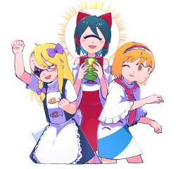 Rule 34 | 3girls, @ @, alice margatroid, apron, black hair, blonde hair, bow, braid, capelet, clenched hand, closed eyes, closed mouth, commentary request, cookie (touhou), cup, cyclops, detached sleeves, extra faces, eye print, fang, feet out of frame, fist pump, frilled apron, frilled capelet, frilled hairband, frilled neckwear, frills, hair bow, hair tubes, hairband, hakurei reimu, highres, hinase (cookie), hita (hizokuseikogeki), kirisame marisa, long hair, looking at viewer, looking to the side, multiple girls, necktie, one-eyed, open mouth, orange eyes, orange hair, purple bow, red bow, red hairband, red necktie, red shirt, red skirt, reu (cookie), shirt, short hair, side braid, single braid, skirt, sleeveless, sleeveless shirt, smile, stitches, sun symbol, touhou, transparent background, uzuki (cookie), waist apron, white apron, white capelet, white sleeves, yunomi