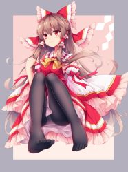 Rule 34 | 1girl, black pantyhose, blush, bow, bowtie, breasts, brown hair, clenched hand, closed mouth, commentary request, detached sleeves, expressionless, feet, frilled skirt, frilled sleeves, frills, hair bow, hair tubes, hakurei reimu, hand up, highres, japanese clothes, legs, long hair, mechrailgun, medium breasts, miko, no shoes, panties, panties under pantyhose, pantyhose, pantyshot, red bow, red eyes, simple background, sitting, skirt, soles, solo, toes, touhou, underwear, very long hair, yellow bow, yellow bowtie