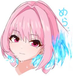 Rule 34 | 1girl, ahoge, blue fire, closed mouth, commentary request, fiery hair, fire, hair between eyes, hair intakes, head only, highres, idolmaster, idolmaster cinderella girls, idolmaster cinderella girls starlight stage, kakki (kackie), medium hair, pink eyes, pink hair, simple background, solo, sweat, translation request, wavy mouth, white background, yumemi riamu