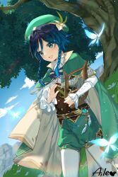 Rule 34 | 1boy, :d, aile (crossroads), animal, beret, blue eyes, blue hair, blue sky, braid, bug, butterfly, cape, center frills, cloud, commentary request, day, frills, genshin impact, green cape, green hat, green shorts, harp, hat, highres, holding, holding instrument, insect, instrument, long hair, male focus, open mouth, outdoors, pantyhose, pantyhose under shorts, puffy shorts, shirt, short shorts, shorts, signature, sky, smile, solo, standing, tree, twin braids, venti (genshin impact), white pantyhose, white shirt