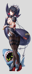 Rule 34 | 1girl, 1other, absurdres, adapted costume, akanbe, back, black hair, black leotard, black pantyhose, breasts, character name, cleavage, collar, colored inner hair, commentary, cover, ellen joe, english text, eyelid pull, fins, fish tail, from behind, full body, grey background, hair ornament, high heels, highres, holding own tail, large breasts, leotard, looking at viewer, magazine cover, maid headdress, metal collar, mole, mole under eye, multicolored hair, nail polish, one eye closed, orange eyes, pantyhose, red hair, red nails, shark girl, shark tail, sharkboo (zenless zone zero), short hair, short sleeves, sideboob, sidelocks, simple background, standing, tail, tongue, tongue out, wrist cuffs, xfate, zenless zone zero