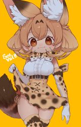Rule 34 | 1girl, :3, animal ear fluff, animal ears, belt, black belt, blush, bow, bowtie, breasts, character name, clothes pull, elbow gloves, gloves, highres, kemono friends, medium breasts, notora, serval (kemono friends), serval print, serval tail, short hair, skindentation, skirt, skirt pull, smile, solo, tail, thighhighs, traditional bowtie, typo, yellow background