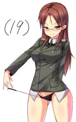 Rule 34 | 1girl, arm behind back, bespectacled, black panties, female pubic hair, glasses, kuragari, looking at viewer, military, military uniform, minna-dietlinde wilcke, naughty face, panties, panty pull, pubic hair, red eyes, red hair, smile, solo, strike witches, underwear, uniform, world witches series