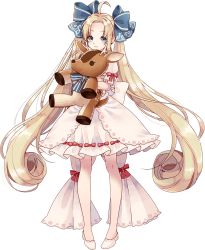 Rule 34 | 1girl, ahoge, blonde hair, blue bow, blue eyes, bow, chateau de chambord (oshiro project), dress, full body, hair bow, high heels, holding, holding stuffed toy, long hair, looking at viewer, natuki miz, official art, oshiro project:re, oshiro project:re, smile, solo, stuffed animal, stuffed deer, stuffed toy, transparent background, twintails, very long hair, white dress