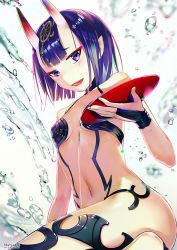 Rule 34 | 1girl, alcohol, breasts, character name, cleavage, cup, dan evan, fate/grand order, fate (series), female focus, horns, impossible clothes, looking at viewer, navel, pointy ears, pouring, purple hair, revealing clothes, sakazuki, sake, shuten douji (fate), skin-covered horns, small breasts, solo, water drop, white background