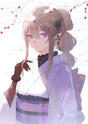 Rule 34 | 1girl, absurdres, aoi tooru, arknights, black gloves, blush, braid, brown hair, closed mouth, earrings, fur-trimmed gloves, fur trim, gloves, hair ornament, highres, indigo (arknights), japanese clothes, jewelry, kimono, long hair, looking at viewer, obi, pointy ears, purple eyes, sash, sidelocks, simple background, single braid, test tube, upper body, white background, white kimono