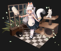 Rule 34 | 1girl, absurdres, animal ears, apron, black background, black footwear, black hairband, black skirt, borrowed character, cat, cat ears, cat girl, cat hair ornament, cat tail, checkered floor, closed mouth, commentary request, duster, english text, feifei (shiofeifei), hair ornament, hairband, heart, heart print, highres, holding, holding duster, karv, long hair, looking at viewer, maid, maid apron, maid headdress, maxwell the cat, meme, orange eyes, original, paw print, plant, skirt, sleeveless, spinning cat (meme), standing, tail, thighhighs, tile floor, tiles, tuxedo cat, white apron, white cat, white hair, white thighhighs, window