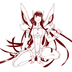 Rule 34 | 10s, 1girl, breasts, cleavage, cleavage cutout, clothing cutout, frown, junketsu, kill la kill, kiryuuin satsuki, large breasts, lineart, living clothes, long hair, monochrome, moru moru moru, navel, revealing clothes, simple background, solo, squatting, sword, weapon, white background