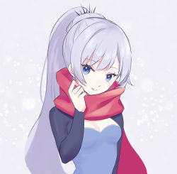 Rule 34 | 1girl, blue eyes, breasts, cleavage, earrings, grey background, highres, jewelry, long hair, long sleeves, looking at viewer, maguro (guromaguro), one-hour drawing challenge, parted lips, ponytail, red scarf, rwby, scar, scar across eye, scar on face, scarf, shrug (clothing), silver hair, small breasts, smile, solo, upper body, very long hair, weiss schnee