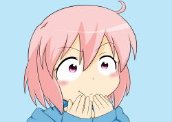 Rule 34 | &gt;:), 10s, 1girl, absurdres, blush, hands on own face, highres, kotoura-san, kotoura haruka, long sleeves, pink eyes, pink hair, purple eyes, short hair, simple background, sleeves past wrists, smile, solo, sweater, upper body, v-shaped eyebrows