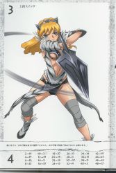 Rule 34 | 00s, 1girl, armor, bandaged leg, bandages, bikini armor, elina (queen&#039;s blade), fighting stance, foreshortening, highres, hisayuki hirokazu, lance, looking at viewer, official art, polearm, queen&#039;s blade, simple background, solo, spear, weapon, white background