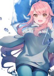 Rule 34 | 1girl, :d, ameshizuku natsuki, bad id, bad twitter id, blue pantyhose, blush, breasts, commentary request, cowboy shot, drawstring, fang, green pantyhose, grey hoodie, hand up, holding, holding umbrella, hood, hood down, hoodie, large breasts, long hair, long sleeves, looking at viewer, open mouth, original, outstretched arm, pantyhose, pink hair, sidelocks, signature, simple background, smile, solo, swept bangs, umbrella, water drop, white background, yellow eyes