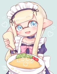 Rule 34 | 1girl, apron, aqua eyes, artist name, back bow, black choker, blue dress, blunt bangs, bottle, bow, choker, commentary, dress, fang, food, frilled apron, frilled choker, frilled cuffs, frills, green background, head tilt, heart, highres, holding, holding bottle, holding plate, inkling, inkling girl, inkling player character, long hair, looking at viewer, maid, maid apron, maid headdress, mayonnaise, mayonnaise bottle, nintendo, omelet, omurice, pink bow, pioxpioo, plate, pointy ears, puffy short sleeves, puffy sleeves, short sleeves, signature, skin fang, solo, splatoon (series), splatoon 2, tentacle hair, upper body, white apron, white bow, white headwear