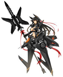 Rule 34 | 1girl, aircraft, airplane, black hair, breasts, china, j-20, jet, large breasts, long hair, mecha musume, messy (efuya), midriff, military, personification, polearm, red eyes, revealing clothes, solo, spear, weapon