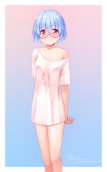 Rule 34 | 1girl, aposine, artist name, bare shoulders, blue hair, blush, breasts, collarbone, commentary, dollar sign, glasses, highres, looking at viewer, original, red eyes, shirt, short hair, short sleeves, small breasts, smile, solo, watermark, web address, white shirt