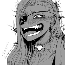 Rule 34 | 1girl, ahegao, blush, close-up, collar, collared shirt, crazy, crazy eyes, drooling, earrings, electrocution, eyepatch, gegegekman, greyscale, jewelry, long hair, looking up, masochism, monochrome, open mouth, original, ringed eyes, saliva, shirt, side part, simple background, solo, tongue, tongue out, white background