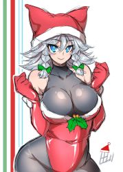 Rule 34 | 1girl, alternate costume, bare shoulders, black leotard, blue eyes, bow, braid, breasts, christmas, collarbone, cowboy shot, elbow gloves, gloves, hair between eyes, hair bow, hands up, hat, highres, holly, impossible clothes, impossible leotard, izayoi sakuya, large breasts, latex, latex gloves, layered clothes, leotard, mistletoe, navel, red gloves, red leotard, santa hat, shiny clothes, signature, silver hair, sketch, smile, solo, striped, striped background, tajima yuuki, touhou, twin braids, white background, wide hips