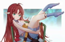 Rule 34 | 1girl, absurdres, ahoge, apple, arknights, blue skirt, blue socks, braid, commentary, food, fruit, golden apple, green eyes, highres, legs up, long hair, myrtle (arknights), no shoes, pencil skirt, pointy ears, reclining, red hair, revision, single braid, sionkilili, skirt, socks, solo, tank top, very long hair, white tank top