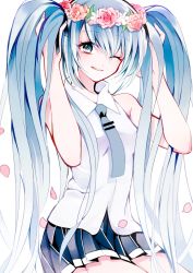 Rule 34 | 1girl, ;), bad id, bad pixiv id, blue eyes, blue hair, bow, flower, flower on head, hair bow, hair ribbon, hatsune miku, head wreath, long hair, looking at viewer, matching hair/eyes, necktie, one eye closed, parted lips, petals, pleated skirt, pomu (pompom o), ribbon, rose, simple background, skirt, smile, solo, twintails, vocaloid, white background