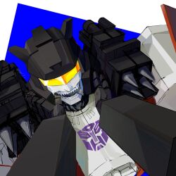 Rule 34 | assault visor, autobot, finger in another&#039;s mouth, from above, grey tongue, highres, jazz (transformers), mecha, open mouth, pov, robot, science fiction, shangxin cuiruo de gou, sharp teeth, solo focus, spikes, teeth, tongue, tongue out, transformers, transformers shattered glass