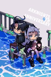 Rule 34 | 1boy, 1girl, ahoge, algae, arknights, arm support, back-to-back, black cape, black dress, black footwear, black gloves, black hair, blue hair, brown pants, cape, chibi, colored inner hair, commentary, dock, dress, english text, feather hair, freckles, frown, gloves, grey background, grey eyes, grey hair, highres, holding, holding lantern, irene (arknights), lantern, looking at viewer, looking back, lumen (arknights), multicolored hair, pants, pantyhose, pointy ears, railing, sanada ima, short hair, simple background, smile, water, white pantyhose