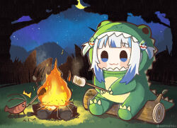 Rule 34 | 1girl, :3, ^^^, blue eyes, blue hair, blunt bangs, blush stickers, campfire, chibi, commentary request, crescent moon, dinosaur costume, ebi-chan (gawr gura), fire, food, gawr gura, grass, hair ornament, holding, holding stick, hololive, hololive english, log, marshmallow, moon, multicolored hair, night, outdoors, roasting, same anko, shark hair ornament, sitting on log, smile, solo, stick, streaked hair, tree, two side up, virtual youtuber, white hair